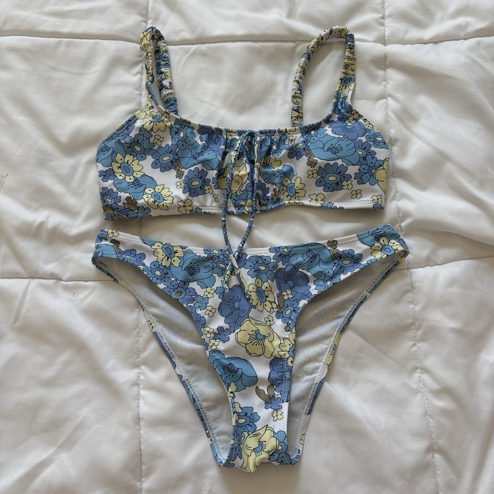 Womens Bikini Set Top Small Bottoms Cheeky Floral Blue Beach Summer Tropical